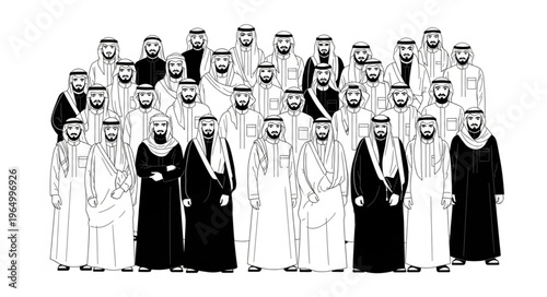 Group of Arab men in traditional attire standing together.