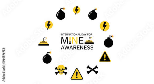 International Day for Mine Awareness illustration with warning signs and explosive symbols on a white background, conveying a hazardous and educational theme.