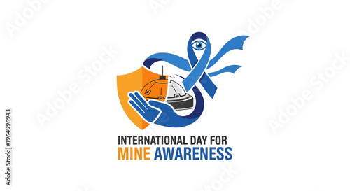 Illustration of International Day for Mine Awareness with a blue ribbon and orange shield against a clean white background.