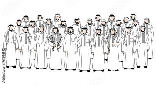 Group of Arab men in traditional attire standing together.