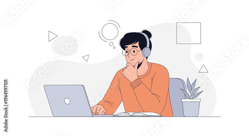 Young person with headphones learning online on laptop, thinking, illustration style
