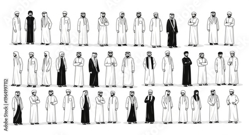 Group of Arab men in traditional attire standing together.