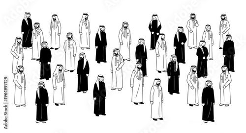 Group of Arab men in traditional attire standing together.