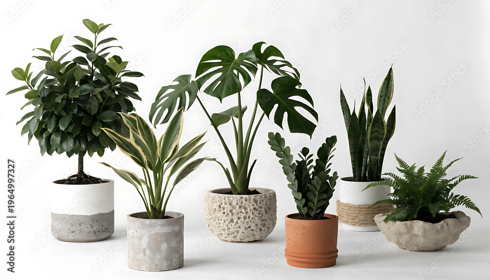 Fototapeta premium Minimalist indoor plant arrangement in white pots on neutral background