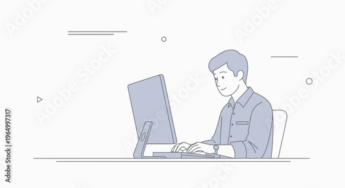 Man Typing on Computer Keyboard, Minimalist Line Art Illustration, Office Work Concept