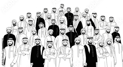 Group of Arab men in traditional attire, standing together.