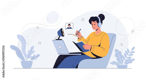 Online Learning: Woman with Headphones Attends Virtual Class on Laptop