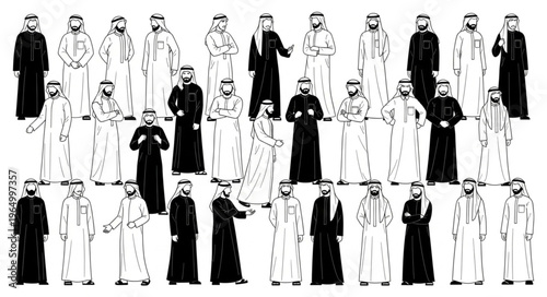 Group of Arab men in traditional attire, standing together.