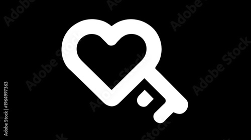 A simple white heart-shaped key design against a black background. Represents love