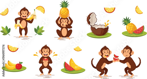Cute Monkey Vector Collection with Tropical Fruits, Bananas, Pineapple, Watermelon, Coconut, and Playful Expressions for Children, Jungle, Wildlife, and Cartoon Designs