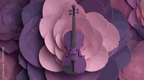A stylized violin, rendered in purple hues, is centered against a background of layered petal shapes