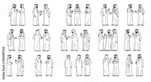 Group of Arab men in traditional attire, standing together.