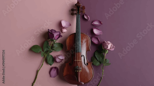 A classical string instrument sits amidst roses and fallen petals against a two-tone, purple backdrop