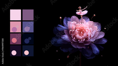 A ballerina gracefully dances atop a vibrant, multi-layered flower against a stark black background