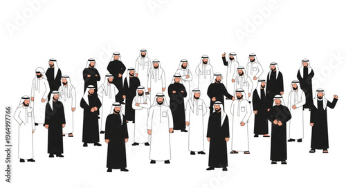 Group of Arab men in traditional attire standing together.