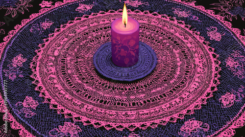 A stylized image of a lit purple candle atop a decorated plate set on a pink, purple, black, circular pattern