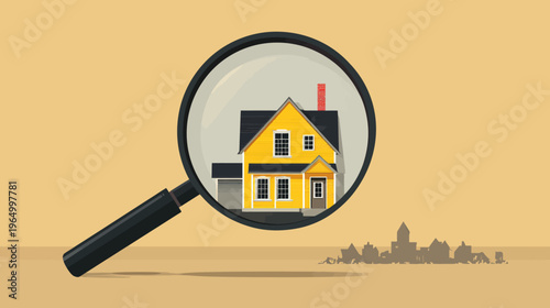 Illustration of a house magnified by a large magnifying glass. Silhouetted city in the background