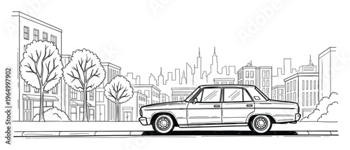 Classic sedan driving through a bustling urban cityscape with various architectural buildings and lush trees lining the street for transportation or environment projects