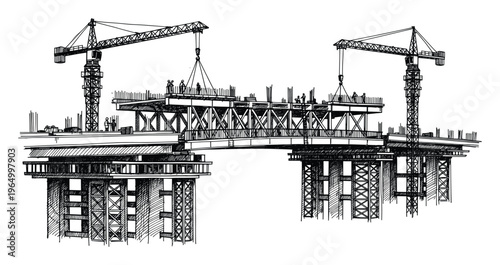 Tower cranes and construction workers are actively building a modern elevated bridge structure, perfect for showcasing infrastructure development, engineering progress, and urban planning