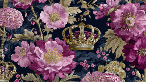 A regal floral arrangement features a golden crown and various pink blossoms against a dark backdrop