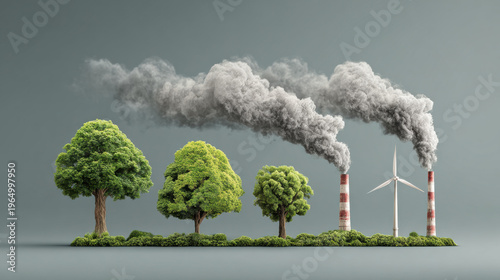 Environment pollution tree smoke factory climate greenhouse carbon wind energy Industrial smoke from factory chimney invades green tree landscape while wind turbine symbol energy transition