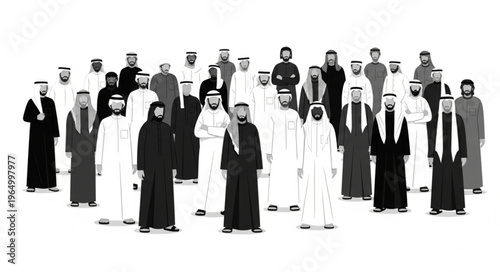 Group of Arab men in traditional attire standing together.