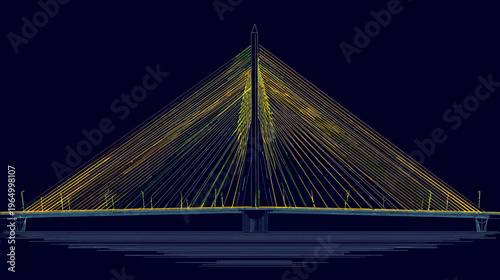 A stylized illustration of a bridge with cables spanning from a central spire