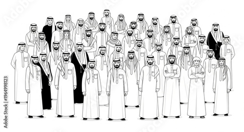 Group of Arab men in traditional attire, standing together.