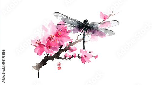 Watercolor illustration of a dragonfly perched on a blossoming branch against a white background
