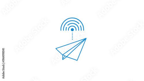 Blue paper airplane sending signal upwards towards radio wave symbol. White background