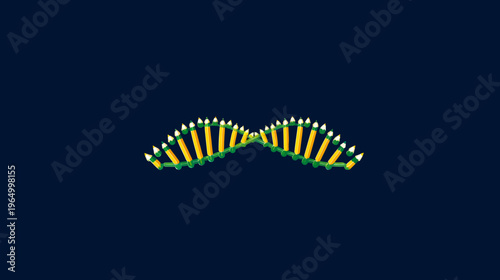 Illustration of a double helix DNA shape made of yellow pencils on a dark blue background
