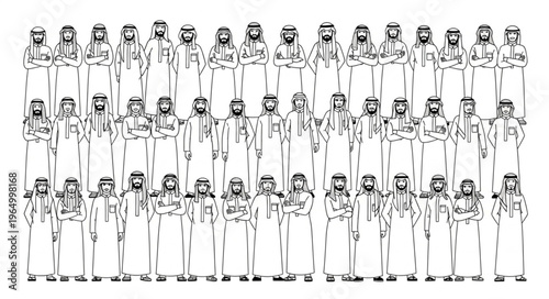 Group of Arab men in traditional attire standing together.