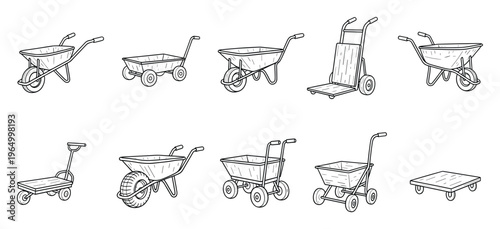 A comprehensive collection of utility hand trucks, garden wheelbarrows, and industrial carts for material handling and transportation projects for agriculture, construction, and warehouse