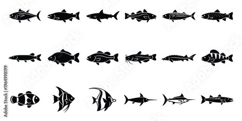 A diverse collection of various fish species silhouettes perfect for fishing industry branding, aquatic educational materials, or seafood restaurant menu graphics.