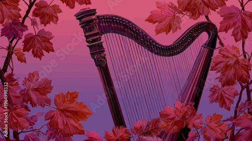 A classical harp, framed by crimson foliage, sits against a gradient sunset backdrop
