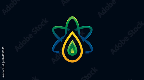 A vibrant, abstract illustration featuring an atom-like structure encircling a stylized water droplet