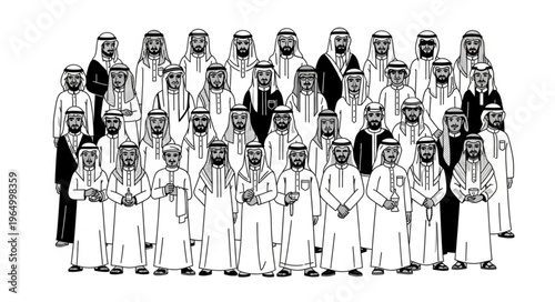 Group of Arab men in traditional attire, standing together.