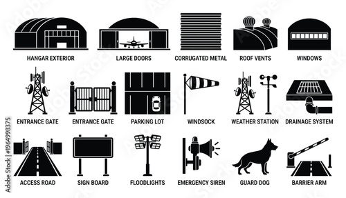 Collection of essential black and white vector icons representing airport and industrial facility infrastructure, security measures, and operational elements, perfect for architectural