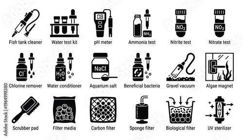 Comprehensive collection of aquarium maintenance and water testing tools for fishkeeping enthusiasts and pet store promotions covering essential fish tank care