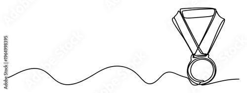 Minimalist continuous single line drawing of a winners medal with a ribbon symbolizing success and achievement, ideal for sports event promotions or recognition ceremonies