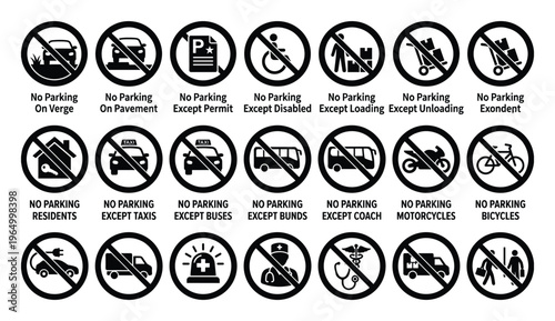 Comprehensive collection of universal no parking zone restriction signs indicating various vehicle prohibitions and exceptions for traffic regulation and urban planning projects