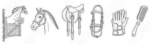 Equestrian sports equipment and activities depicted in a collection of black and white line drawings suitable for childrens books, educational materials, and stable decor.