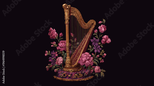 A golden harp surrounded by vibrant floral arrangements, set against a dark, dramatic background