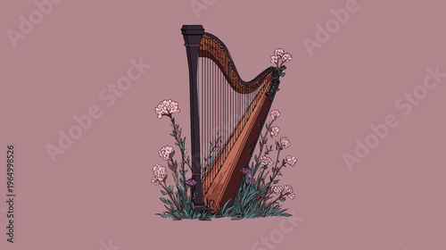 A classical stringed instrument amidst delicate pink flowers on a muted background