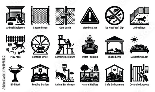 Comprehensive collection of essential animal care and welfare icons representing facilities for pets, wildlife, and veterinary services for informational graphics and signage