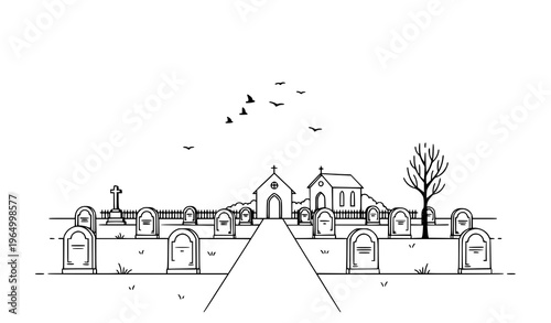 Minimal cemetery scene with pathway chapel and tombstones clean outline black and white vector illustration