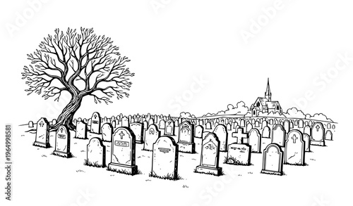 Vintage cemetery landscape sketch with gravestones tree and distant church black and white vector illustration