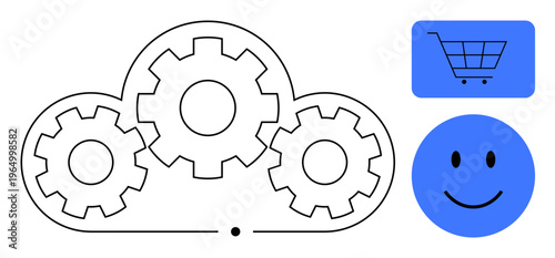 Cloud computing concept. Cloud computing with gear mechanism, system operations. Cloud computing linked to online shopping, efficiency, and user experience. For e-commerce, digital platforms