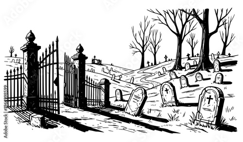 Dark gothic cemetery with gate and crooked gravestones detailed sketch black and white vector illustration