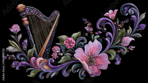 A musical harp is adorned with flowers and swirling leaf patterns in shades of purple and pink on black